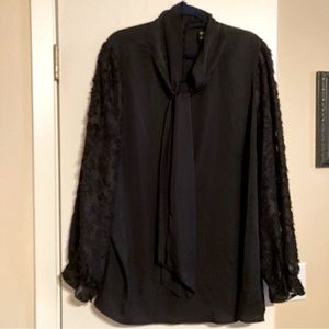 Fuzzy flounce sleeve tie neck blouse